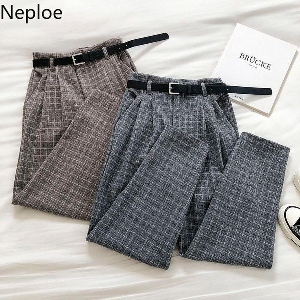

naploe vintage plaid sweatpants women 2020 korean fahsion fall clothes high waist casual pants straight with belt trousers 4f3601, Black;white