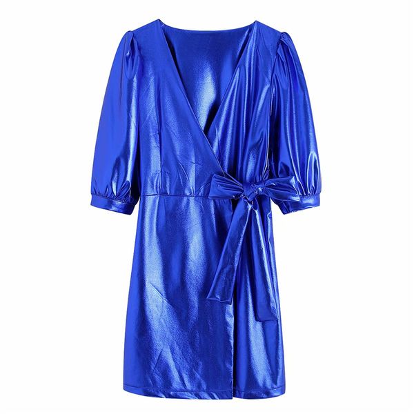 

2021 new streetwear women puff sleeve dresses fashion ladies reflective faux leather dress female party sashes mini vestidos mh3d, Black;gray