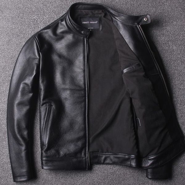 

layer cow leather jacket japanese contracted leather brief paragraph cultivate morality men's motorcycle jacket, Black