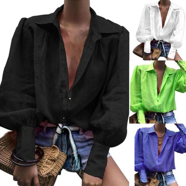 

women's shirt blouse office lady long puff sleeve turn down collar buttons shirt loose blouse autumn solid button female, White