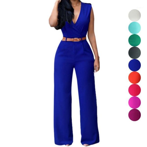 

fashion summer women jumpsuit with belt v neck solid color sleeveless high waist wide leg romper ladies jumpsuits aic881, Black;white
