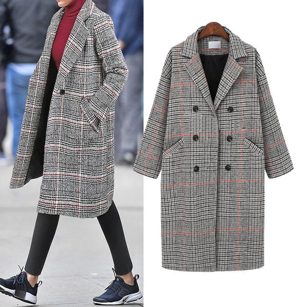 

winter long coats women plus size double plaid wool breasted women's sport jackets overisze outwear s7yg, Black