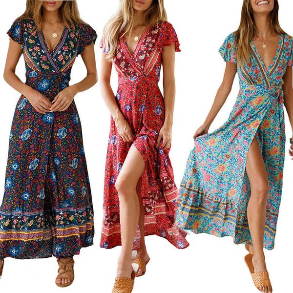 

bohemian print lace up slit seaside holiday dress, Black;gray
