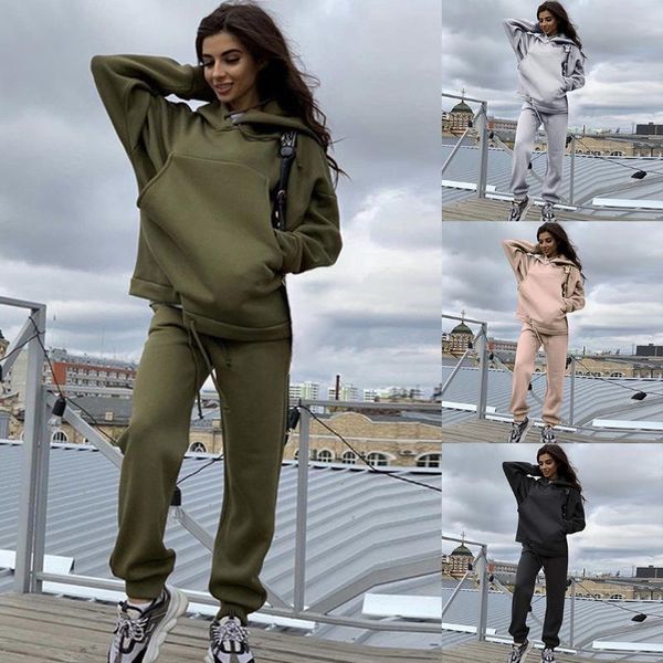 

female solid color thicken leisure sports keep warm fleece winter hooded sweatshirt suits oversize tracksuit set, Gray