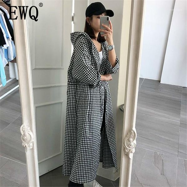 

ewq] 2020 new korean style women long casual cotton fashion loose hooded plaid blouses long-sleeved wild shirt female ag4911, White