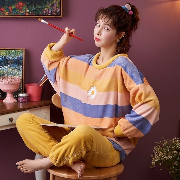 

nightwa winter thick warm flannel cute pajamas sets for women sleepwear long sleeves clothing home wear soft pyjamas set female 201114, Black;red