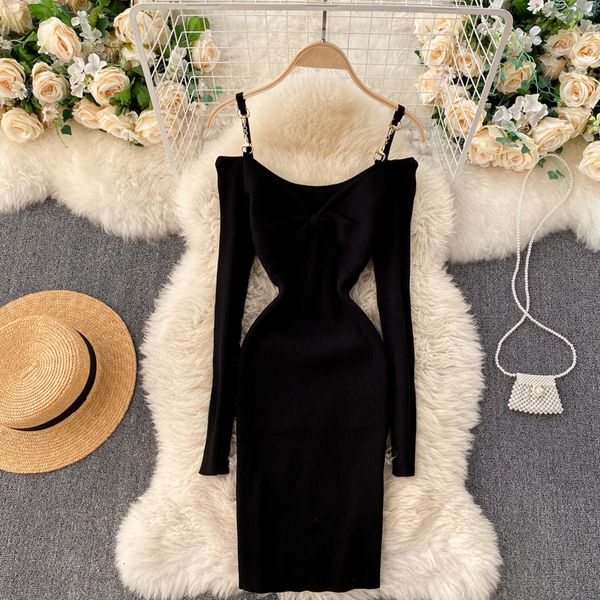 

2021 new female singiny girdle crocheted ruched neck elastic thin pencil dress winter fall off shouldr nightgown lkgz, Black;gray