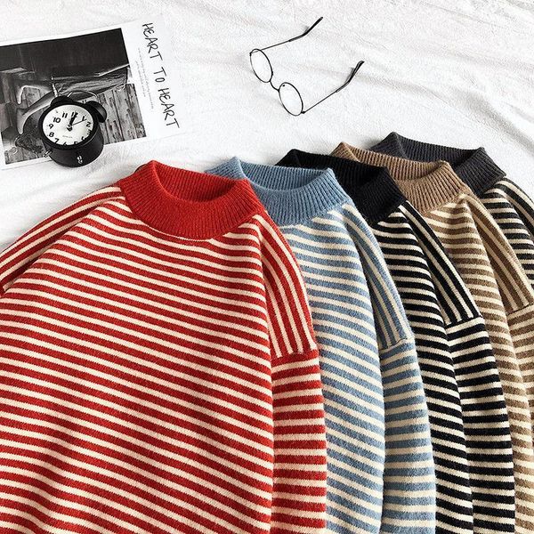 

pr men's 2020 winter warm sweater korean streetwear fashion pullovers sweater autumn striped casual male clothing1, White;black
