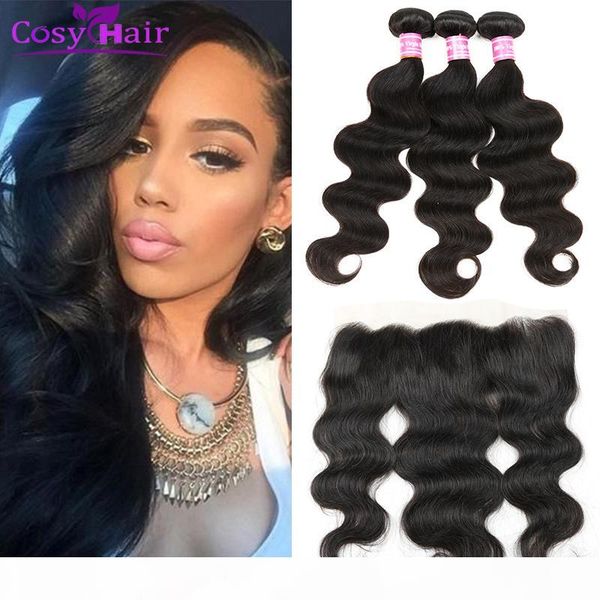 

ear to ear 13x4 lace frontal body wave human hair wefts with closure brazilian hair weave 3 bundles with closure, Black;brown