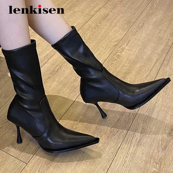 

lenkisen 2020 work boots real leather stretch pointed toe thin high heel slip on office lady daily wear gorgeous ankle boots l68, Black