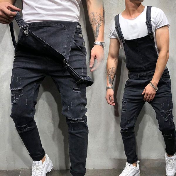 

men overalls ripped jeans jumpsuit summer casual fashion ripped high waist distressed denim overalls, Blue