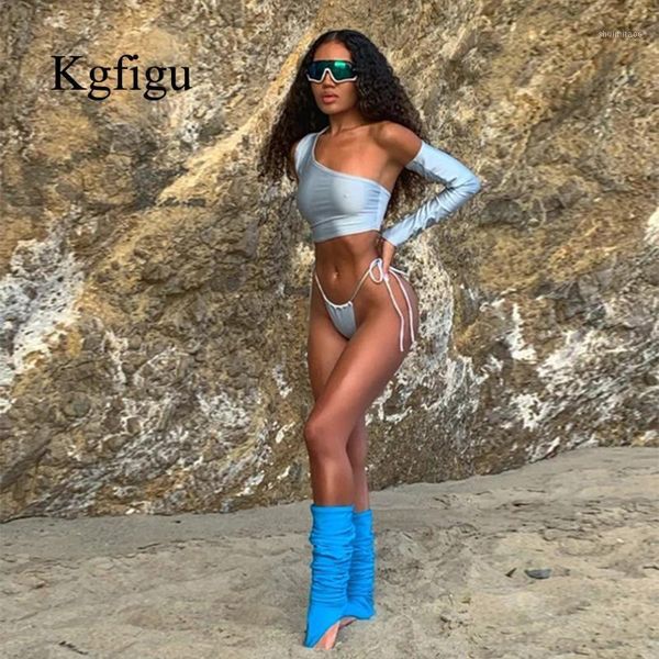 

kgfigu one shoulder bikini women solid high cut bathing suit swimwear summer beach wear female low waist sets1, Gray