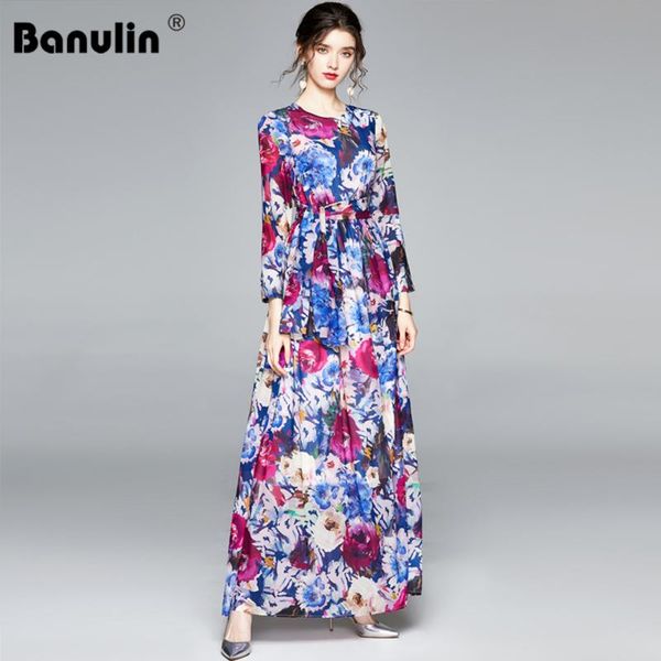 

banulin 2020 весна лето праздник boho платье макси женские с длинным рукавом шифон цветочные печати тонкий элегантный большой свинг длинное, Black;gray