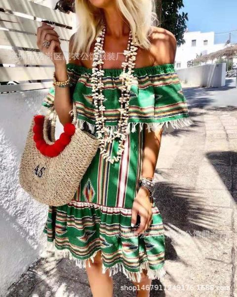 

ap off shoulder stripe digital print fringe lace short drs, Black;gray