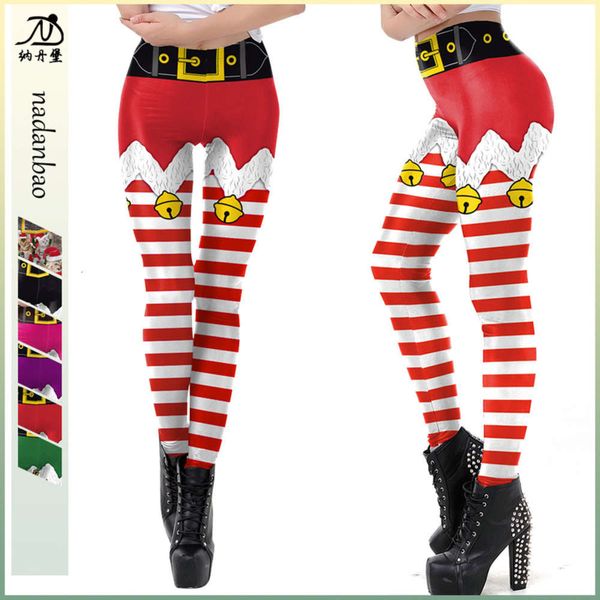 

2020 new women's christmas drs red and white stripe printing tight waist leggings skdk059, Black;white