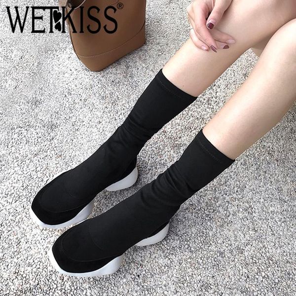 

boots wetkiss autumn fashion casual stretch women 2021 round toe winter ladies shoes cow suede short plush footwear, Black