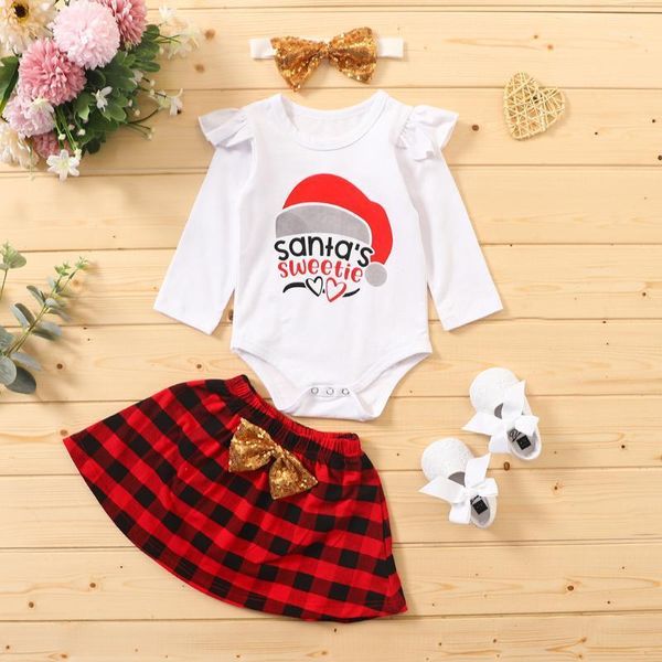 

clothing sets fashion girls clothes toddler baby kids christmas day romper red plaid dress hairband set set1, White