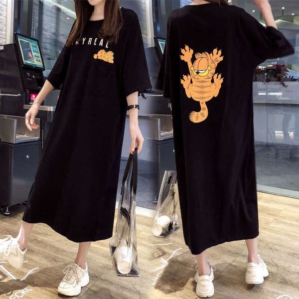 

short sleeve print long knee women's dress, Black;gray