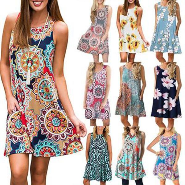 

casual dresses summer a-line women sleeveless print loose dress vintage pockets mini vestidos plus size1, Black;gray