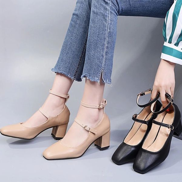 

women's pumps mid heels ladies buckle strap 2021 spring comfort pu leather female single shoes shallow fashion square toe new #mm17, Black
