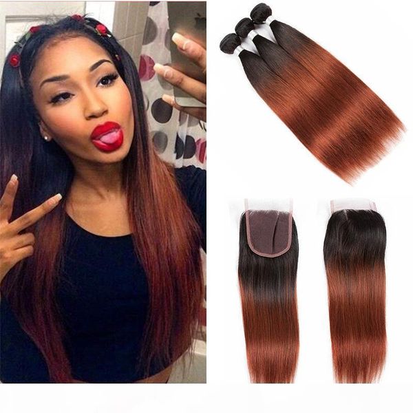 

colored brazilian ombre auburn human hair 3 4 bundles with closure two tone brazilian 1b 33# straight auburn hair weave with closure, Black;brown