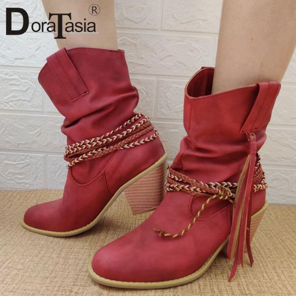 

doratasia female flock fashion round toe mid calf boots casual daily solid boots women fringe high heels winter shoes woman, Black