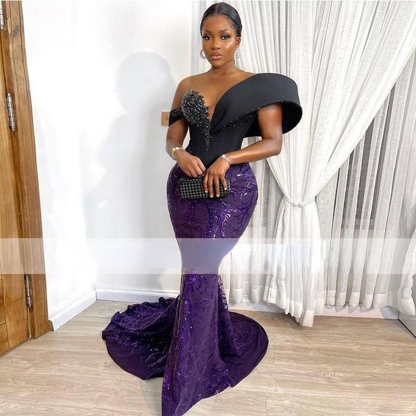 

2022 purple prom dress mermaid scoop sequin vestiti cerimonia donna african evening dress beads prom gowns, Black