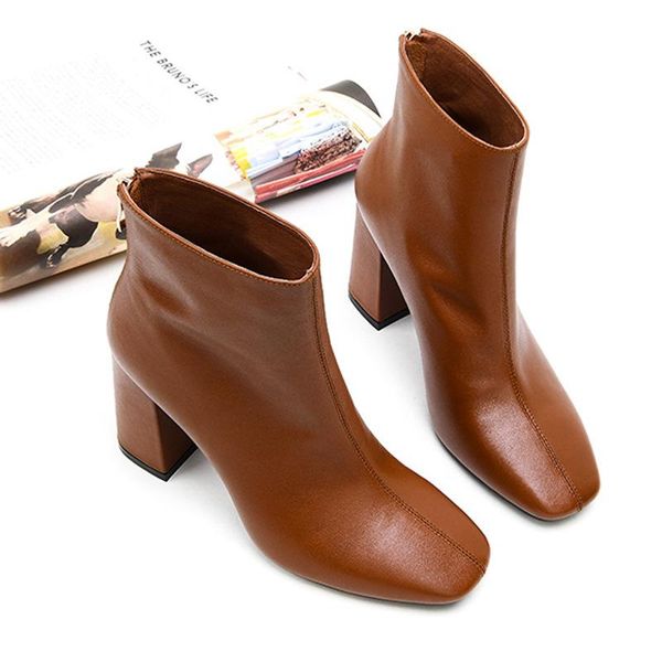 

genuine leather ankle boots square toe boots rubber riding women's cow leather shoes ladies chunky high heel zipper winter, Black
