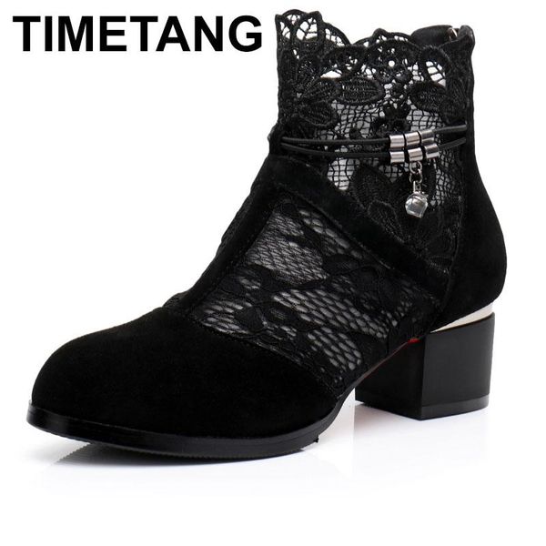 

boots timetang genuine leather women shoes hollow-out ankle mesh summer zapatos chaussures femme square high heels, Black
