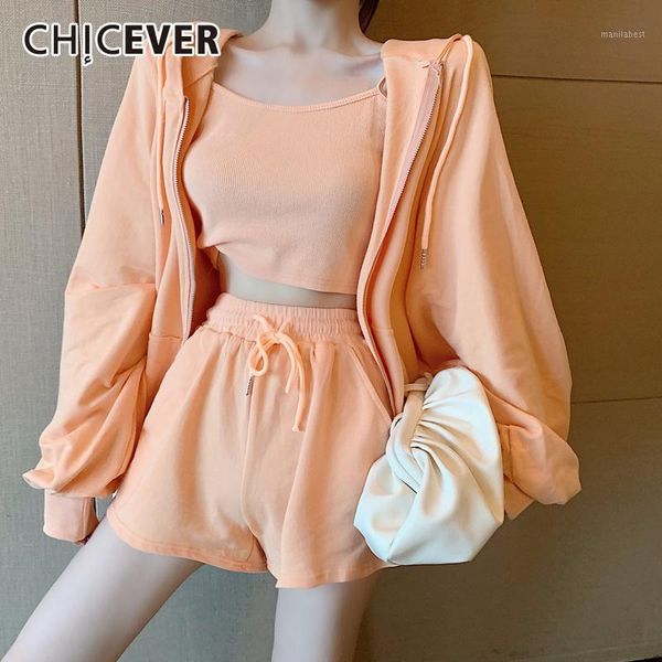 

chicever korean three piece set women hooded lantern sleeve jacket lace up high waist shorts suits female 2020 fashion clothes1, Gray