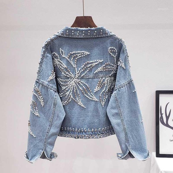 

women's jackets heavy handmade beading rivet loose short denim jacket women 2021 autumn long sleeve jeans basic coat jaqueta feminina1, Black;brown