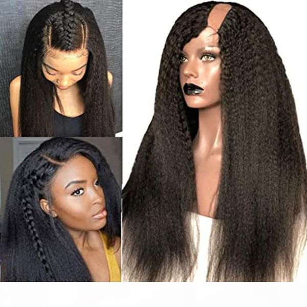 

brazilian virgin human hair u part wig kinky straight u part half wigs for african americans black women italian yaki 150% density, Black;brown