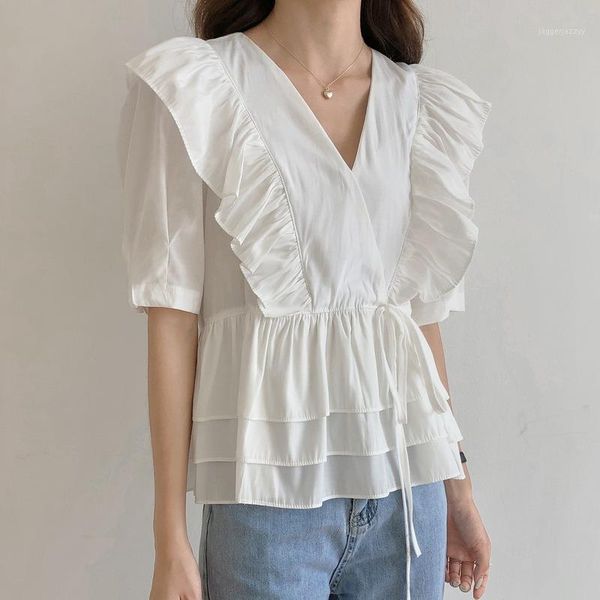 

women's blouses & shirts puff sleeve lace-up and blouse 2021 summer women v-neck ruffle hem pleated short white shirt female1