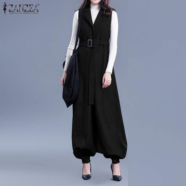 

2020 summer solid long romper zanzea ladies suspenders work jumpsuits women elegant lapel belted turnip overalls palazzo pant, Black;white