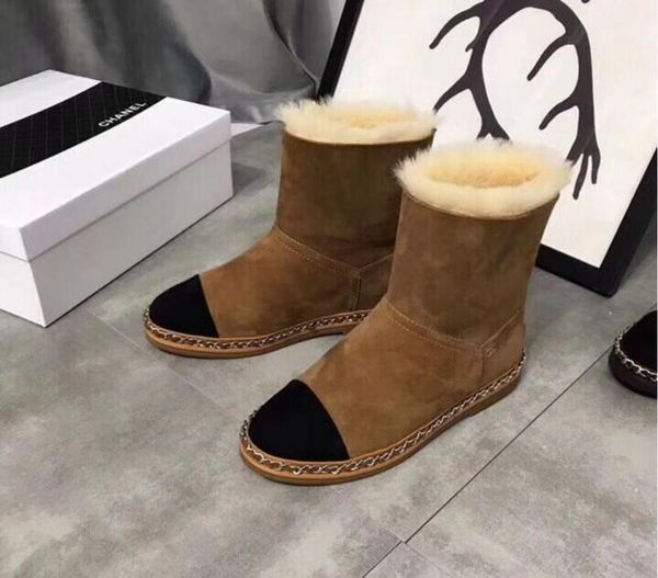 

new snow boots winter color matching flat heel sheepskin designer ladies sheepskin winter inner non-slip rubber sole ladies casual shoes, Black