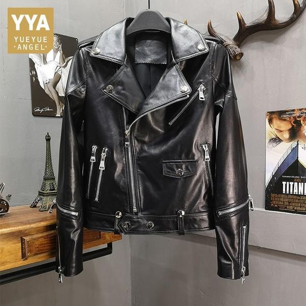 

2020 new motorcycle female sheepskin leather jacket women short zippers punk genuine leather jacket rock stage outerwear coats1, Black