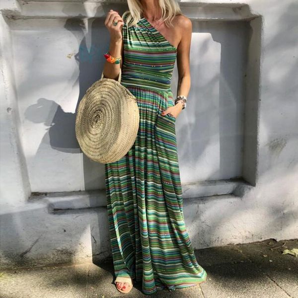 

summer striped dresses for womens fashion boho beach loose sleeveless dress ladies off shoulder daily holiday floor length dress, Black;gray