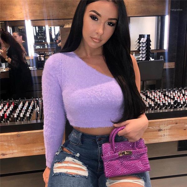 

2020 autumn winter sweater women's irregular one-shoulder fur tight short thick sweater jumper soft warm pull femme1, White;black