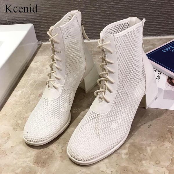 

kcenid white shoes women ankle boots casual thick heel round toe lace up zipper booties fashion mesh med heel boots womens fall, Black