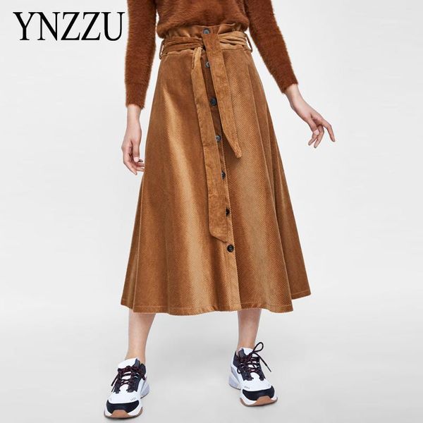 

woman spring corduroy high waists a-line skirt elegant thick loose style solid mid-calf skirts fashion ynzzu yb4161, Black