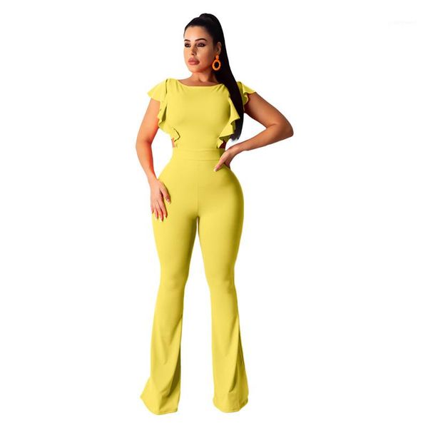 

clothes women jumpsuits fashion natural color ruffle micro flared bodysuit back hollow out jumpsuits women, Black;white