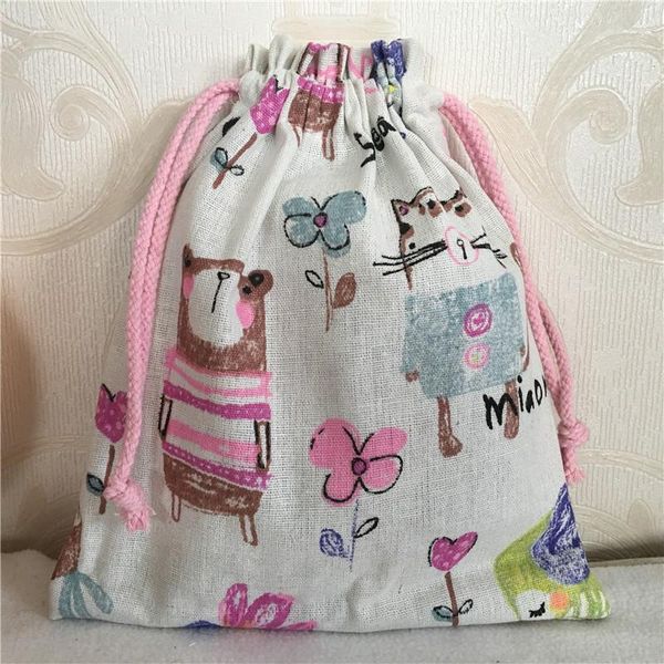

gift wrap 1pc cotton linen drawstring multi-purpose storage organizer bag drawing animal 8212d