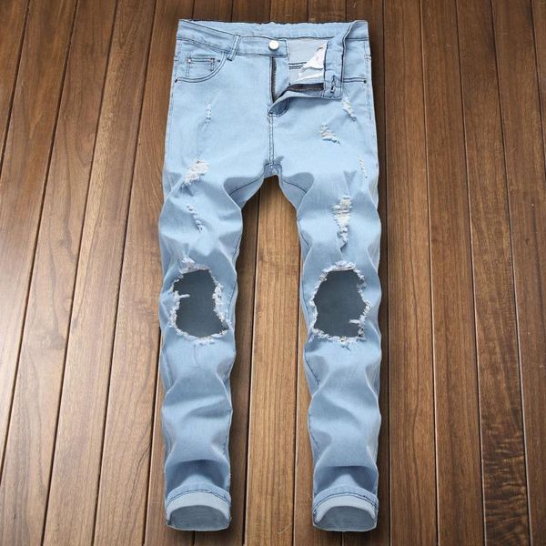 

high street men's jeans individuality ripped slim denim trousers with big holes male casual light blue wash stretch pants