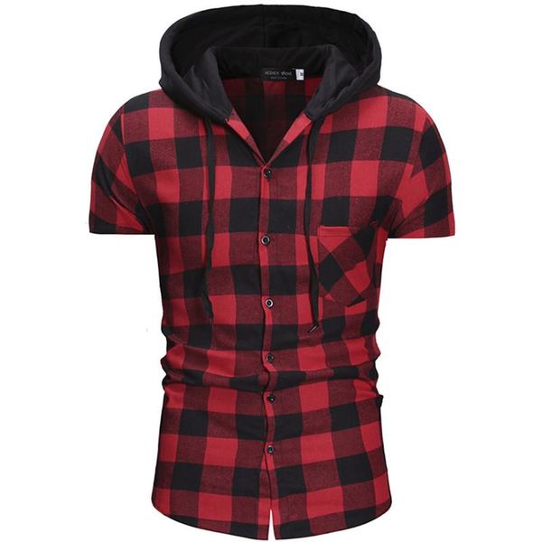 

men's casual shirts 2021 summer fashion boutique short sleeve shirt / male slim hooded plaid blouses, White;black