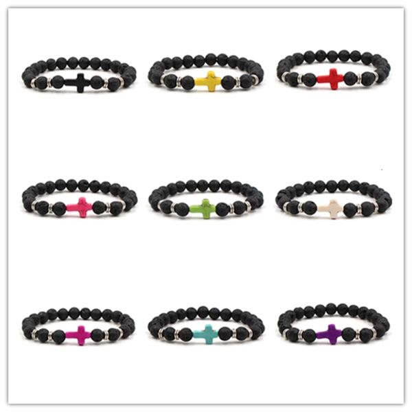 

natural prayer 8mm stone cross beads lava charms bracelets anti-fatigue turquoise cross volcanic rock men's women's diffuser jewel