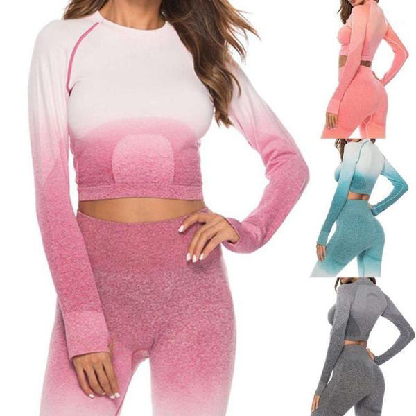

women long sleeve fitness workout set solidt-shirt athletic exercise clothing gym sport suit crop leggings ad1, White
