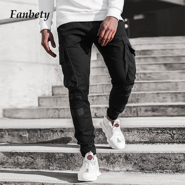 

vintage big pocket cargo pants for men 2021 spring casual harajuku skinny pencil pants mens patchwork jogger trousers streetwear, Black