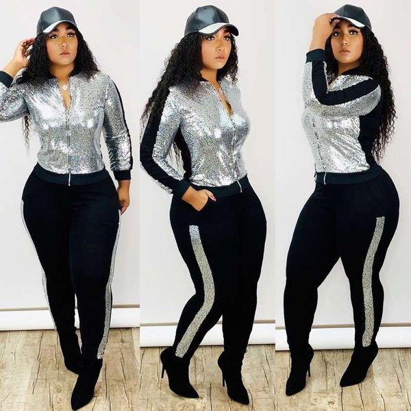 

2020 women's fashion sequins stitching zipper cardigan pants sports suit, Gray