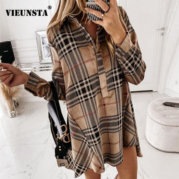 

elegant turn-down collar button shirt dress women 2021 spring plaid print irregular party dress autumn long sleeve mini dresses1, Black;gray
