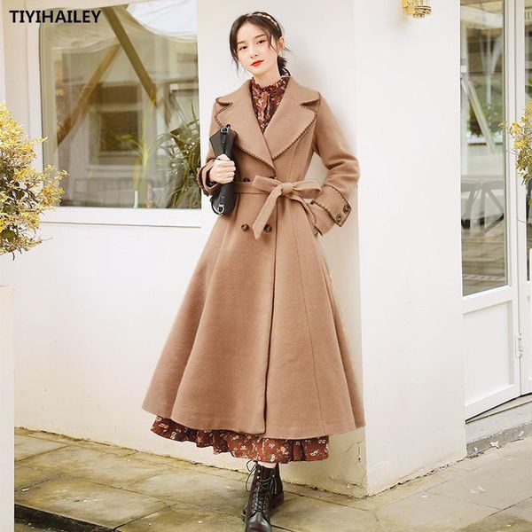 

boshow long mid-calf winter vintage trench women outerwear belt full sleeve turn down collar wool double buttons, Black